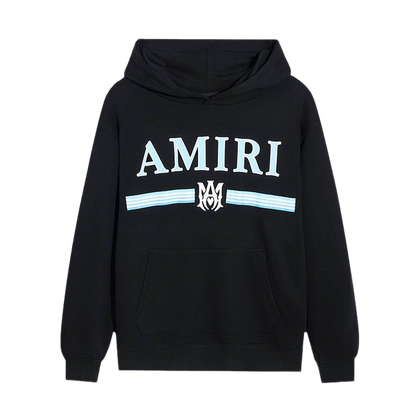 AMIRI Black/White Hoodie With Light Blue Logo And Stripe Design For Stylish Outfits