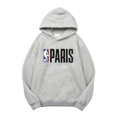 Fear Of God Grey Hoodie With NBA Paris Essentials Print For Sports Fashion Fans
