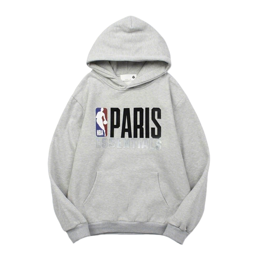 Fear Of God Grey Hoodie With NBA Paris Essentials Print For Sports Fashion Fans
