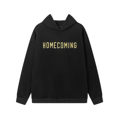 Fear Of God Black Hoodie With Gold Homecoming Lettering For Casual Chic Outfits
