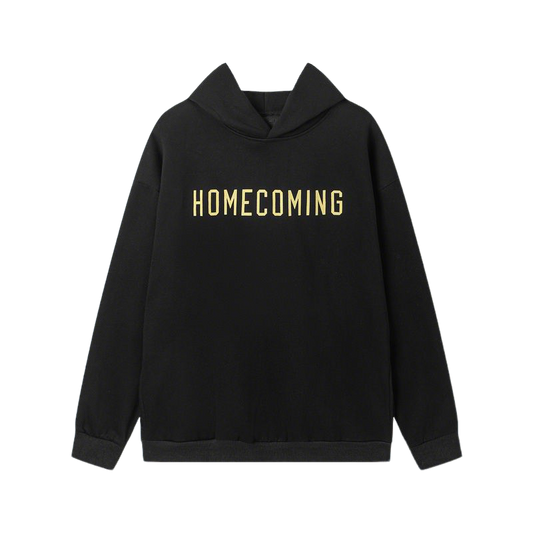 Fear Of God Black Hoodie With Gold Homecoming Lettering For Casual Chic Outfits