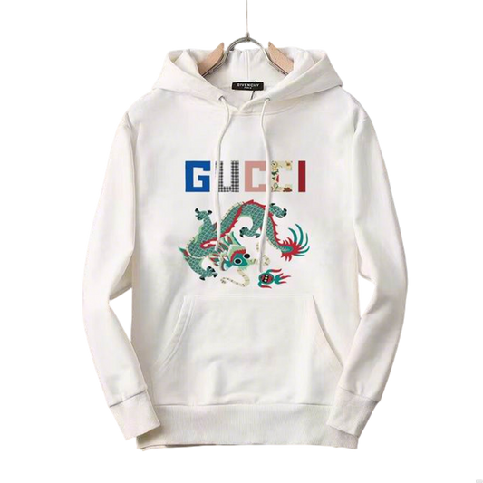 Gucci White/Black Hoodie With Colorful Dragon Graphic And Branded Lettering For Trendy Outfits