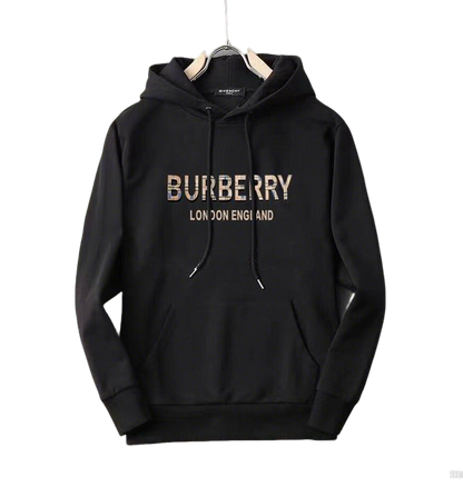 Burberry Black Hoodie With Checkered Brand Name And London England Lettering