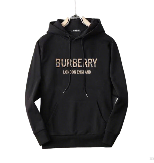 Burberry Black Hoodie With Checkered Brand Name And London England Lettering