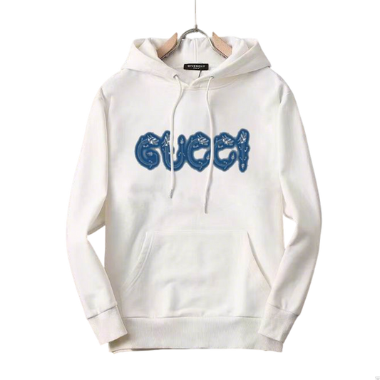Gucci White/Black Hoodie With Unique Blue Patterned Logo for Trendy Casual Looks