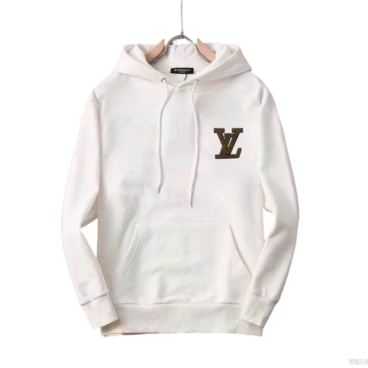 Louis Vuitton White/Black Hoodie With Signature LV Patch for Sophisticated Casual Outfits