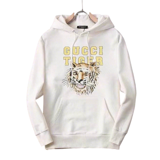Gucci White/Black Hoodie With Tiger Graphic And Bold "GUCCI TIGER" Lettering For Fashion Fans