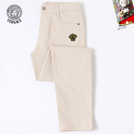 Versace Men's Beige Denim Jeans With Iconic Medusa Embroidery Detail
