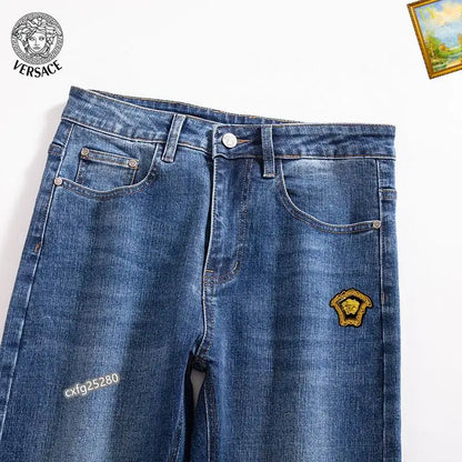 Versace Men's Blue Denim Jeans With Iconic Medusa Embroidery Detail