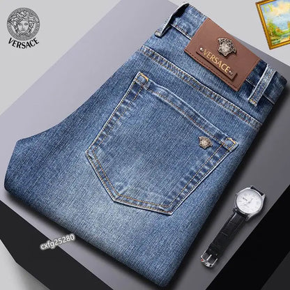 Versace Men's Blue Denim Jeans With Iconic Medusa Embroidery Detail