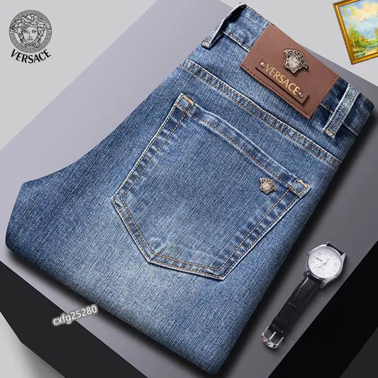 Versace Men's Blue Denim Jeans With Iconic Medusa Embroidery Detail