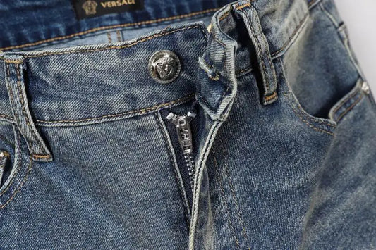 Versace Men's Light Wash Denim Jeans With Signature Embroidered Detail