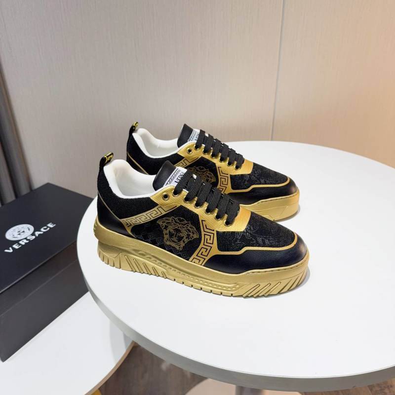 Versace Black And Gold Platform Sneakers With Medusa And Greek Key Motifs