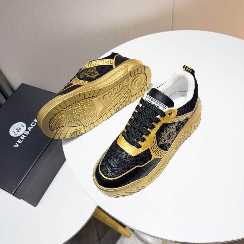 Versace Black And Gold Platform Sneakers With Medusa And Greek Key Motifs