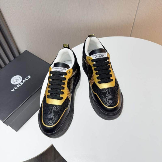 Versace Black And Gold Platform Sneakers With Medusa And Greek Key Motifs