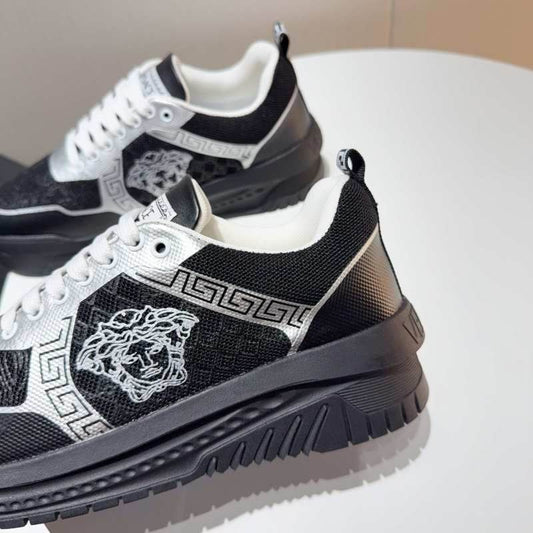 Versace Black And Silver Platform Sneakers With Medusa And Greek Key Designs