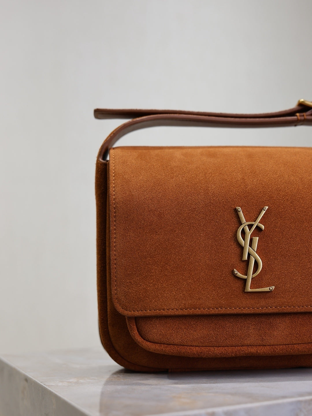 YSL Niki_baby Brown/Black Suede Crossbody Bag With Gold Logo Accent 633151-1