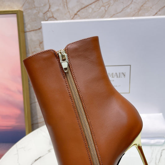 Balmain Brown Leather Ankle Boots With Gold Button Accents