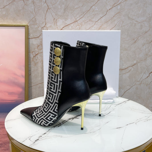 Balmain Black Leather And Monogram - Print Ankle Boots With Gold Buttons