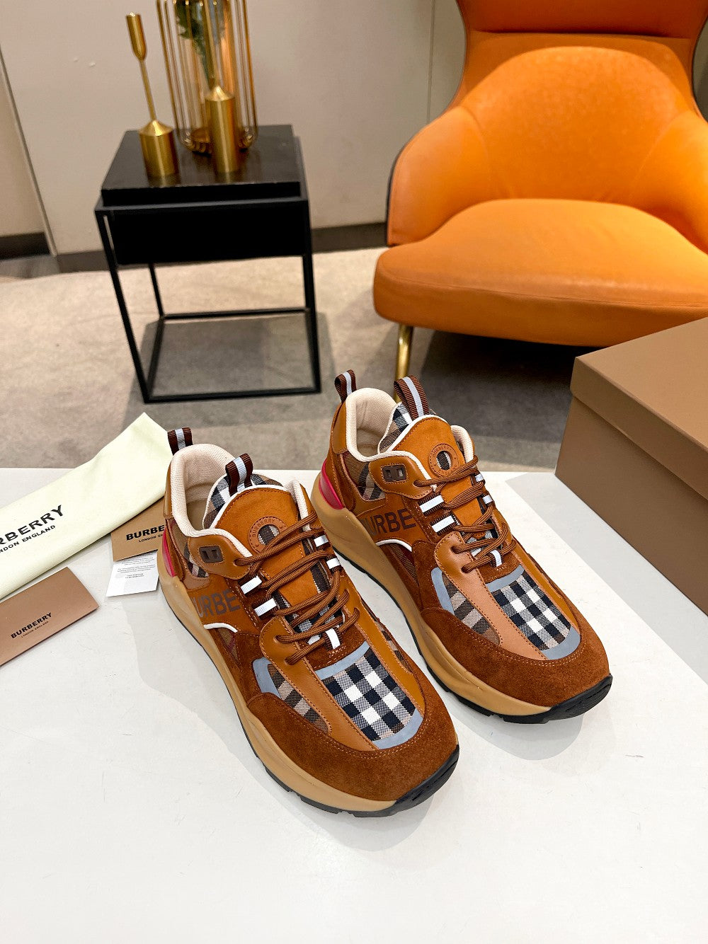 Burberry Brown Sneakers With Plaid Detailing For Timeless Style