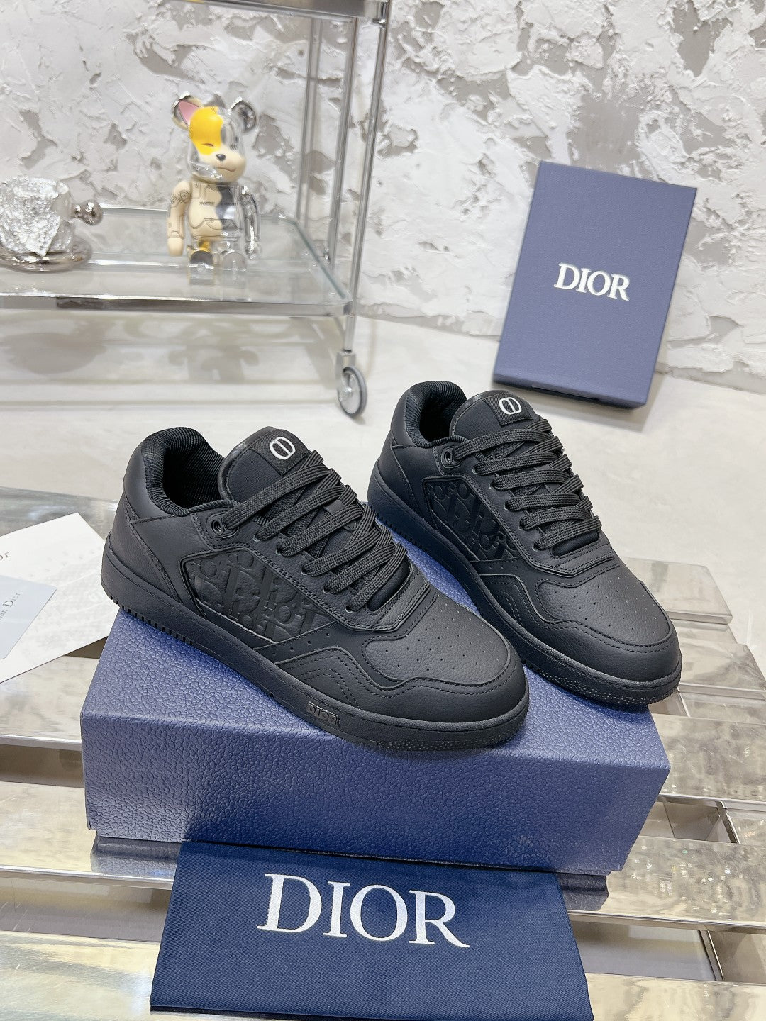 Dior Black Leather Sneakers With Signature Monogram Detailing