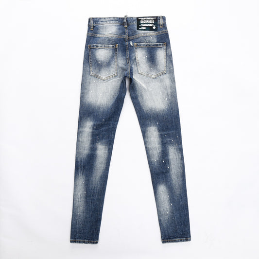 Men's Dsquared2 Blue Denim Jeans with Paint Splatter and Faded Details