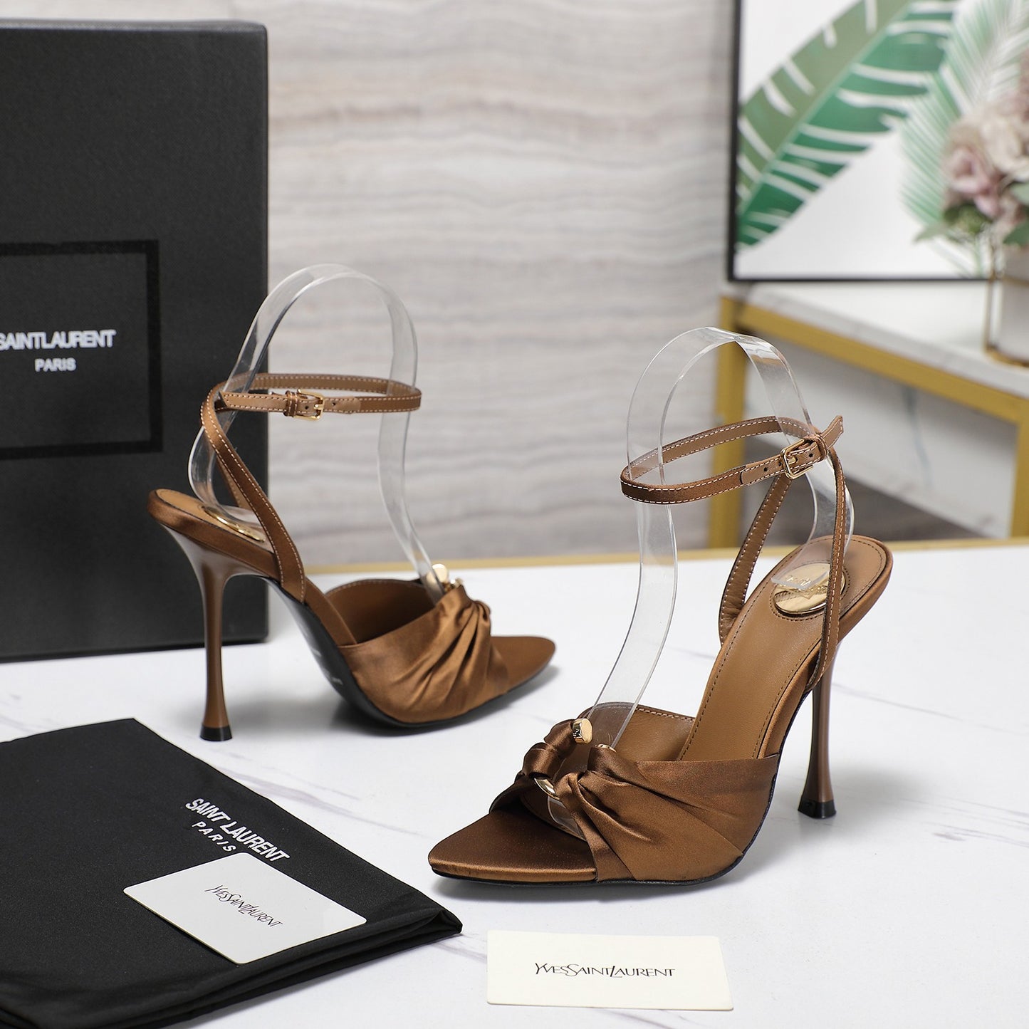 YSL Brown Satin Ankle - Strap High - Heel Sandals For Glamorous Style