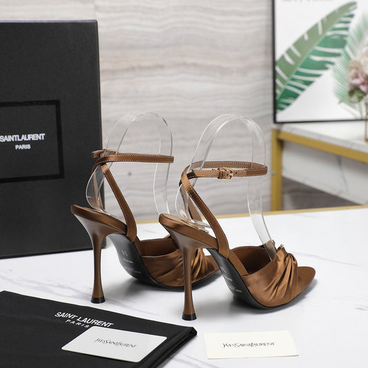 YSL Brown Satin Ankle - Strap High - Heel Sandals For Glamorous Style