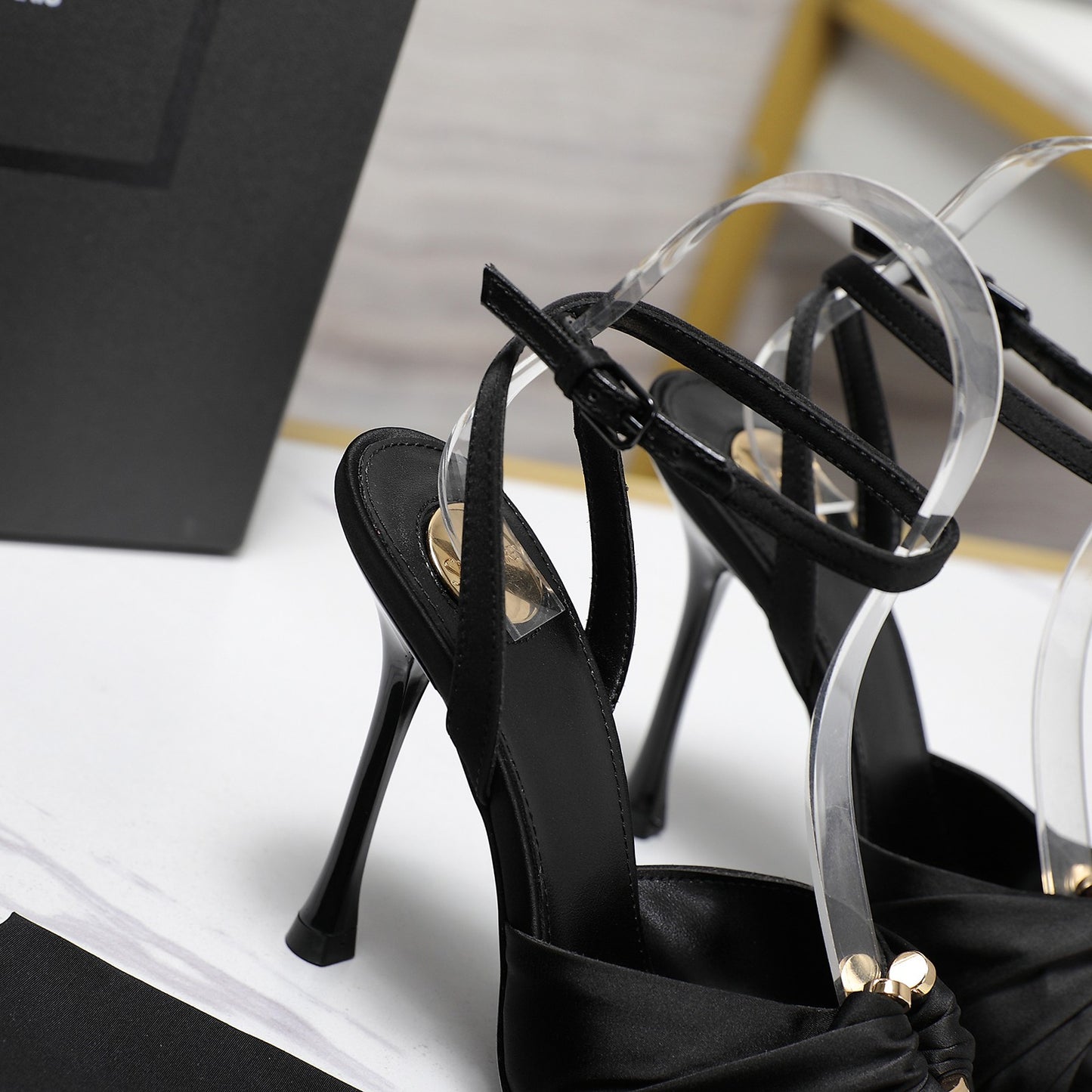 YSL Black Satin Ankle - Strap High - Heel Sandals For Elegant Occasions