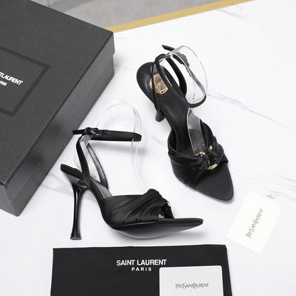 YSL Black Satin Ankle - Strap High - Heel Sandals For Elegant Occasions