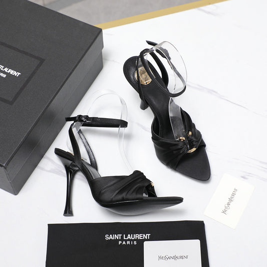YSL Black Satin Ankle - Strap High - Heel Sandals For Elegant Occasions