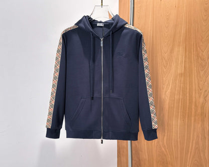Burberry Men's Navy Blue Hooded Tracksuit With Plaid Details