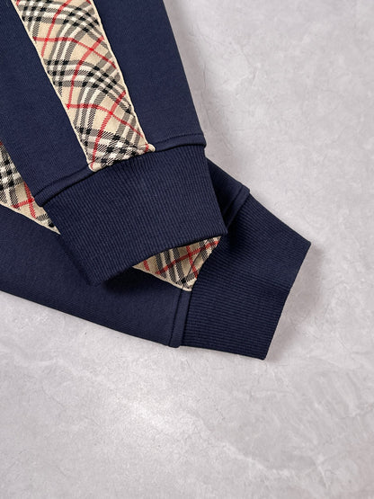 Burberry Men's Navy Blue Hooded Tracksuit With Plaid Details