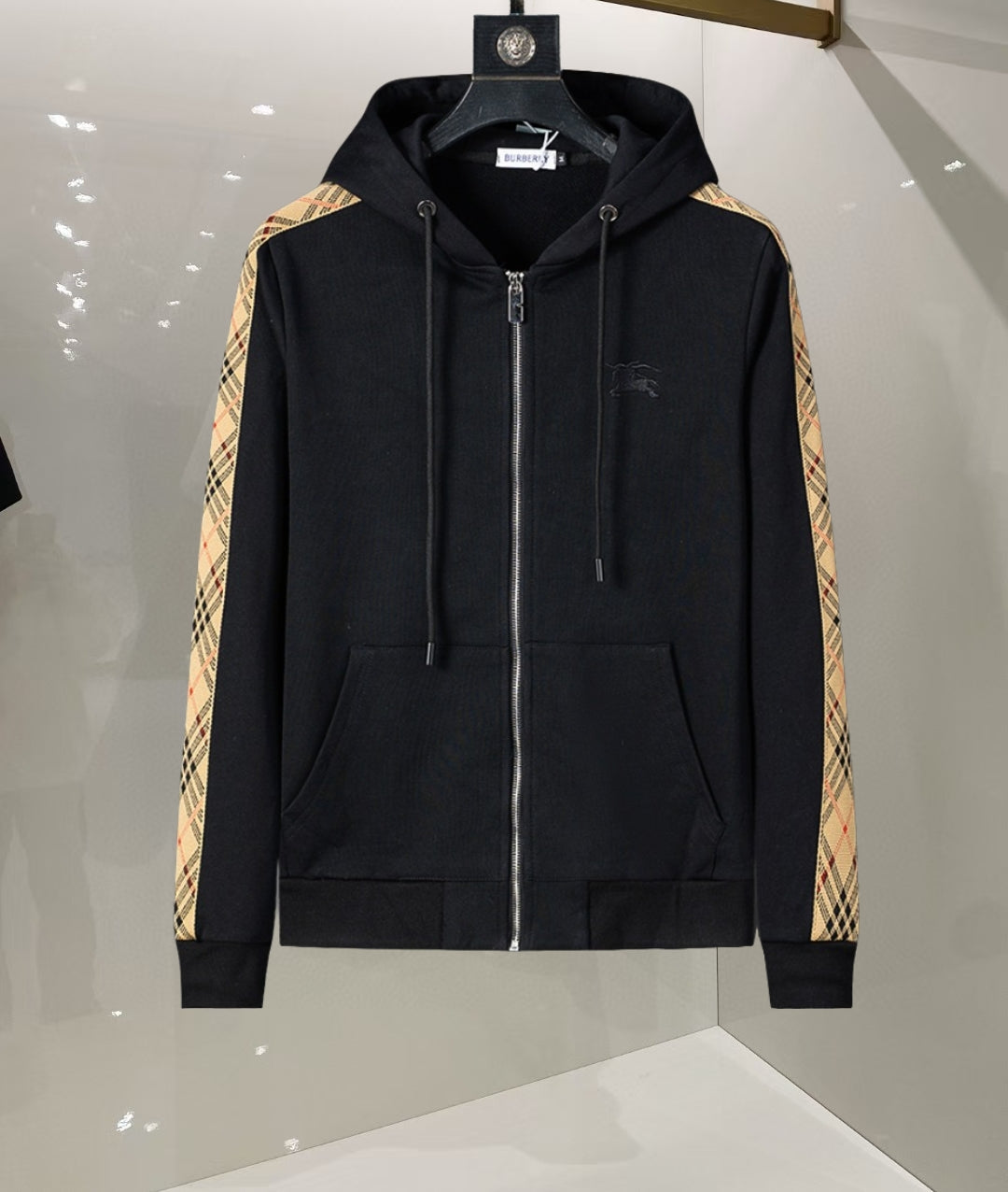 Burberry Men's Black Hooded Tracksuit With Plaid Side Details