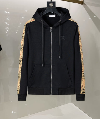 Burberry Men's Black Hooded Tracksuit With Plaid Side Details