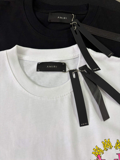 AMIRI Black/White Tee With Colorful Circular Logo For Trendy Streetwear Enthusiasts