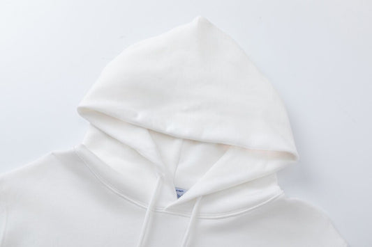 Off White Hoodie With Artistic Angel And Human Interaction Graphic Design