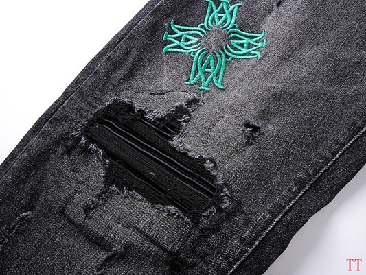 Amiri Dark Grey Distressed Jeans With Vibrant Embroidered Designs