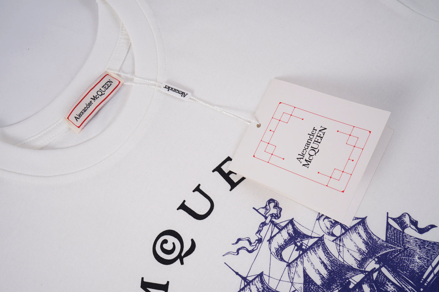 Alexander McQueen White T - Shirt With MQUEEN Lettering And Sailing Ship Graphic
