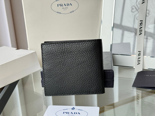 Prada Black Grained Leather Bi - Fold Wallet With Signature Logo 2M0513