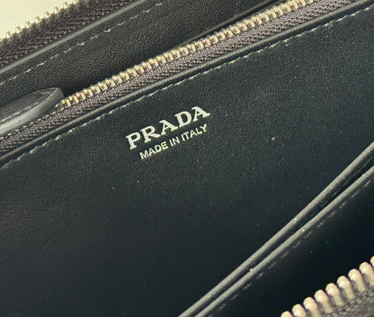 Prada Black Grained Leather Zip - Around Wallet With Gold Logo 1ML506