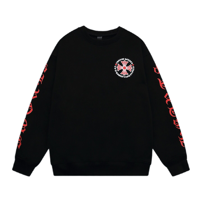Chrome Hearts Black Crew Neck Sweatshirt With Red Cross And Gothic Sleeve Prints