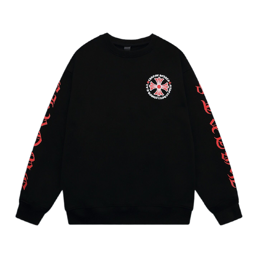 Chrome Hearts Black Crew Neck Sweatshirt With Red Cross And Gothic Sleeve Prints
