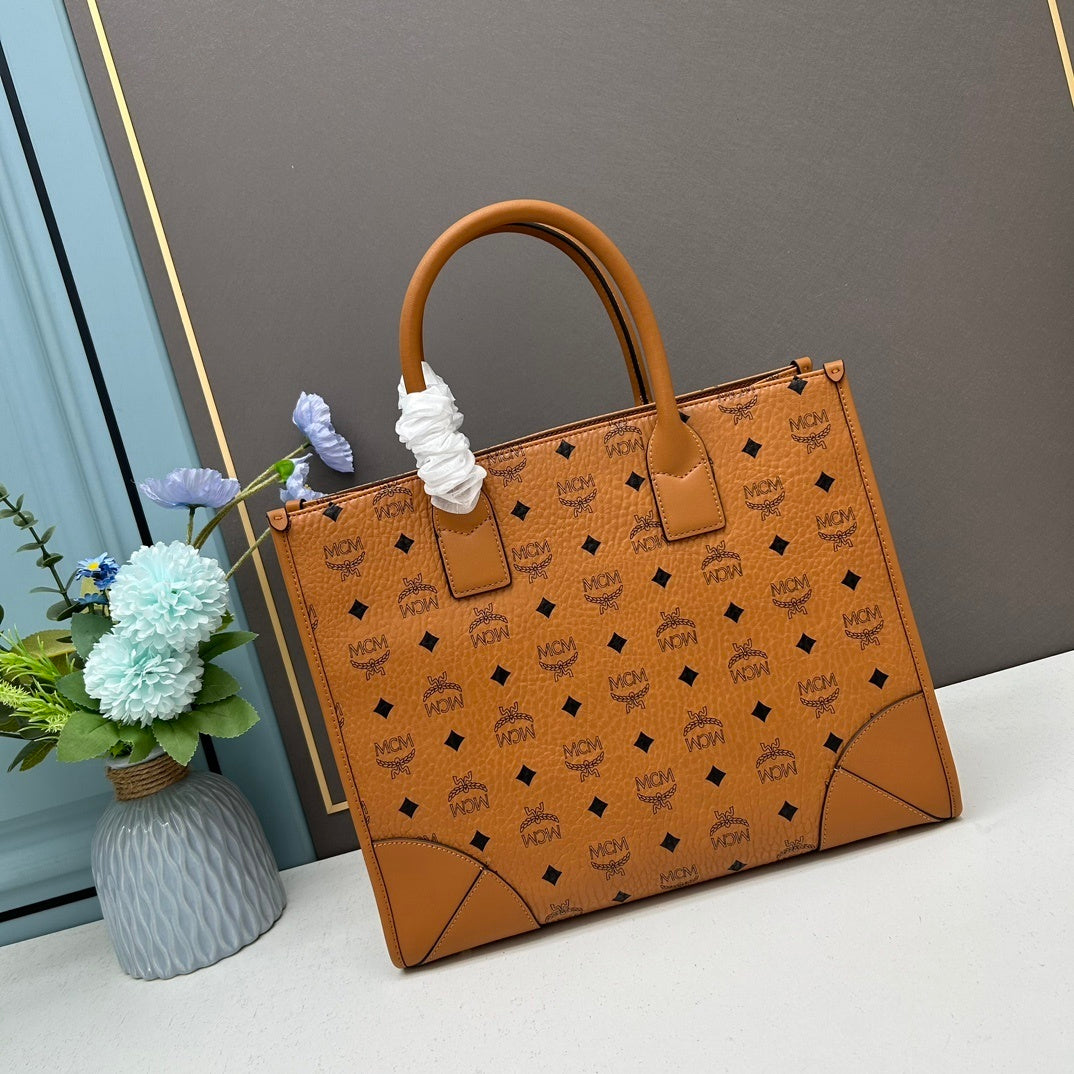 MCM Brown Visetos Coated Canvas Tote Set With Matching Pouch 273815