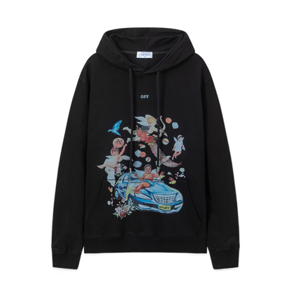 Off White Black Hoodie With Cherubs Car And Floral Art Print Design