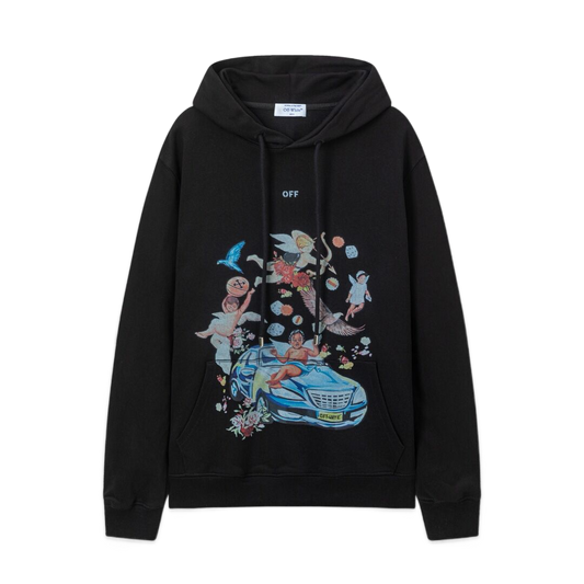 Off White Black Hoodie With Cherubs Car And Floral Art Print Design