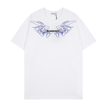 Burberry White/Black/Gray T - Shirt With Blue Equestrian Knight Graphic And Brand Logo