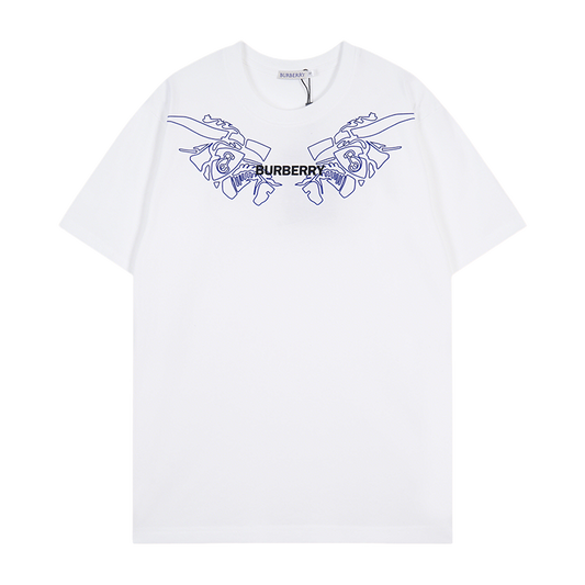 Burberry White/Black/Gray T - Shirt With Blue Equestrian Knight Graphic And Brand Logo