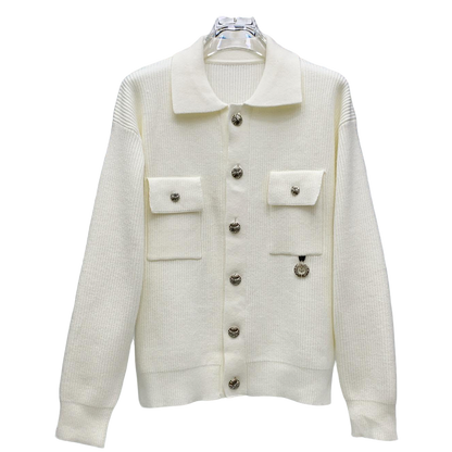 Chrome Hearts Inspired White Knit Cardigan With Collar Metal Buttons And Pockets