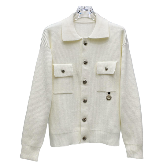 Chrome Hearts Inspired White Knit Cardigan With Collar Metal Buttons And Pockets